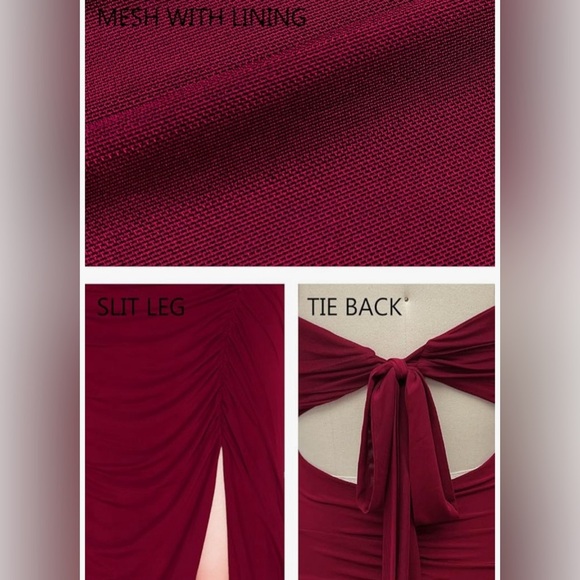 Firfig Wine Red Square Neck Ruched Maxi Dress Slit Floor Length Black Tie Large - Picture 3 of 11